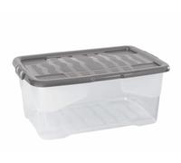 Strata 9 x 42 Litres Curve Plastic Stackable Storage Box & Lid with clip-on lids, 9 Pack, Multi storage box for home and office storage solution Clear Box, Grey Lid, (25cm H x 40cm W x 60cm D)