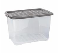 Strata 9 x 65 Litres Curve Plastic Stackable Storage Box & Lid with clip-on lids, 9 Pack, Multi storage box for home and office storage solution Clear Box, Grey Lid, (37cm H x 40cm W x 60cm D)