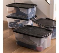Strata Curve Storage Box & Lid 42L Clear/Black - Pack of 4
