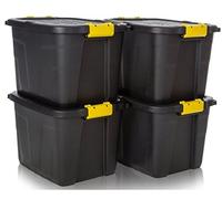 Strata Heavy Duty 4 x 42L Black Storage Crates & Lids Black Yellow Handles