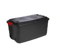 Strata Heavy Duty Large Storage Box with Lid, 145L, Lockable, Indoor/Outdoor, Wheeled, Black with Red Handles