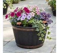 Shop4allsorts Small Round Barrel Planter - Oakwood Effect Plastic Half Barrel Plant Pot - Garden Patio Planter - 37cm x 25cm