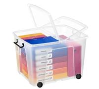 Strata Smart Box Clip-On Folding Lid Carry Handles 75 Litre Clear with Black Wheels Ref HW676CLR