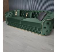 Stratus Interiors Ambassador 3-Seater Green Sofa Gold Trim Plush Velvet Frill Design