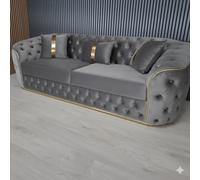 Stratus Interiors Ambassador Grey Sofa Chesterfield Toronto Gold Trim Velvet No Frill Design