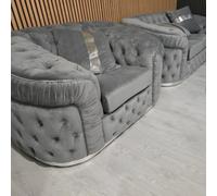 Stratus Interiors Ambassador Grey Sofa Chesterfield Toronto Silver Trim Plush Velvet - Frills