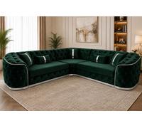 Stratus Interiors Ambassador Luxury Chesterfield Velvet Sofa - Sliver Metal Trim - No Frill - L - Shape Corner Sofa For Living Room - Green