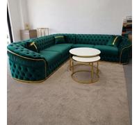 Stratus Interiors Ambassador Luxury Chesterfield Velvet Sofa With Frill Arms, Gold Metal Trim, Deep Button Tufting & Plush Upholstery