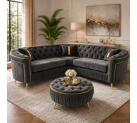Stratus Interiors Ambassador Panel Chesterfield L-Shape Corner Sofa - Plush Velvet Fabric, Luxury Upholstered Design - Dark Grey - Gold Trim