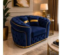 Stratus Interiors Ambassador Sofa Chesterfield Toronto Gold Trim Plush Velvet - Frill Design - Armchair Sofa For Living Room - Blue