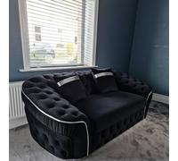 Stratus Interiors Ambassador Sofa Chesterfield Toronto Gold Trim Plush Velvet - Frills in Black | Size: 2 Seater Stratus Interiors Black 2 Seater