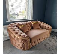 Stratus Interiors Ambassador Sofa Chesterfield Toronto Gold Trim Plush Velvet - Frills in Medium Beige | Size: 2 Seater Stratus Interiors Medium Beige 2 Seater