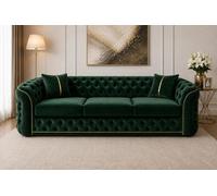 Stratus Interiors Ambassador Sofa Chesterfield Toronto Gold Trim Plush Velvet - No Frill Design - 3 Seater Sofa For Livingroom - Green