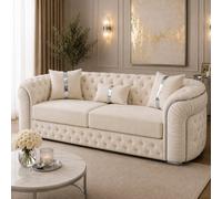 Stratus Interiors Ambassador Sofa Chesterfield Toronto Metal Trim Fabric - No Frills - 3 Seater Sofa For Living Room - Silver Trim Design - Cream