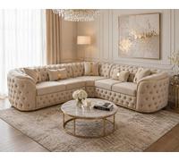 Stratus Interiors Ambassador Sofa Chesterfield Toronto Metal Trim Fabric - No Frills - L Shape Corner Sofa - Gold Trim - Cream