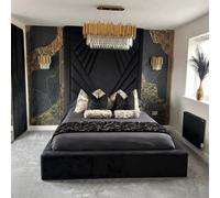 Stratus Interiors Coco Geometric Lined Velvet Upholstered Bed Optional Gas Lift Storage - Black Crush - Slatted Base - King
