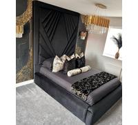 Stratus Interiors Coco Geometric Lined Velvet Upholstered Bed Optional Gas Lift Storage - Mink Plush - Metal Gaslift - Double