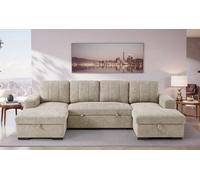 Stratus Interiors Como Modern Fabric Corner Sofa Bed With Double Lift-Up Storage-Beige - U-Shaped Convertible Sleeper Sofa