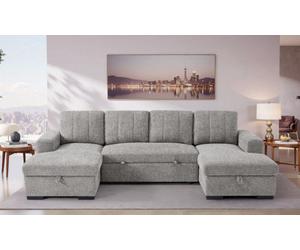 Stratus Interiors Como Modern Fabric Corner Sofa Bed With Double Lift-Up Storage -Grey- U-Shaped Convertible Sleeper Sofa