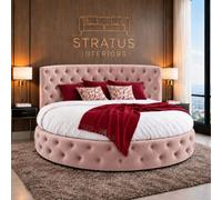 Stratus Interiors Globe Chesterfield Round Bed Frame With Mattress - Luxury Upholstered 6Ft Diameter Bed - Pink Plush