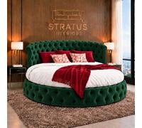 Stratus Interiors Globe Chesterfield Round Bed Frame With Mattress - Luxury Upholstered 6Ft Diameter Bed - Green Plush