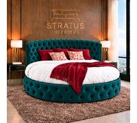 Stratus Interiors Globe Chesterfield Round Bed Frame With Mattress - Luxury Upholstered 6Ft Diameter Bed - Teal Plush