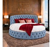 Stratus Interiors Globe Chesterfield Round Bed Frame With Mattress - Luxury Upholstered 6Ft Diameter Bed - Duck Egg Blue Plush