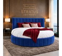 Stratus Interiors Globe Lines Round Bed Frame With Mattress - Luxury Upholstered 6Ft Diameter Bed - Blue Plush