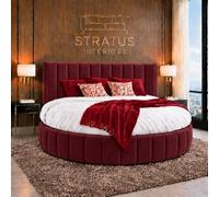 Stratus Interiors Globe Lines Round Bed Frame With Mattress - Luxury Upholstered 6Ft Diameter Bed - Burgundy Plush