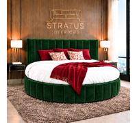 Stratus Interiors Globe Lines Round Bed Frame With Mattress - Luxury Upholstered 6Ft Diameter Bed - Green Plush