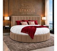 Stratus Interiors Globe Lines Round Bed Frame With Mattress - Luxury Upholstered 6Ft Diameter Bed - Mink Plush