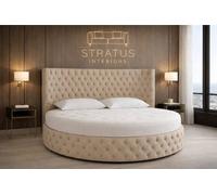 Stratus Interiors Globe Round Velvet Chesterfield Bed with Round Mattress in Light Beige | Size: Super King Stratus Interiors Light Beige Super King