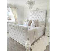 Stratus Interiors Hilton Tall Chesterfield Upholstered Bedframe With Tall Footboard-Add Professional Assembly Delivery- Small Double-Gaslift Storage