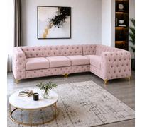 Stratus Interiors Italian Luxury Chesterfield Plush Velvet, Button Tufted Living Room Statement Sofa With Gold Legs - Pink - L Shape Corner