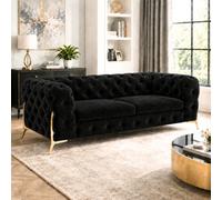 Stratus Interiors Italian Luxury Chesterfield Plush Velvet Sofa, Deep Button Tufted Living Room Statement Sofa With Gold Legs - Black - 2 Seater
