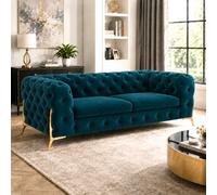 Stratus Interiors Italian Luxury Chesterfield Plush Velvet Sofa, Deep Button Tufted Living Room Statement Sofa With Gold Legs - Teal Blue - 2 Seater