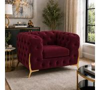 Stratus Interiors Italian Luxury Chesterfield Plush Velvet Sofa, Deep Button Tufted Living Room Statement Sofa With Gold Legs - Burgundy - Armchair