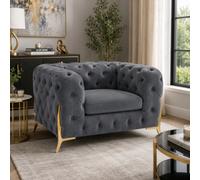 Stratus Interiors Italian Luxury Chesterfield Plush Velvet Sofa, Deep Button Tufted Living Room Statement Chair With Gold Legs - Steel - Armchair