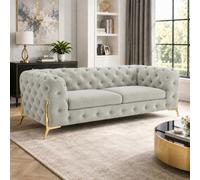 Stratus Interiors Italian Luxury Chesterfield Plush Velvet Sofa, Deep Button Tufted Living Room Statement Sofa With Gold Legs - Silver - 2 Seater