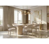 Stratus Interiors Olympia Travertine Effect Beige Dining Table - Cream Stone Effect Table With Fluted Pedestal Base, Modern Dining Room Furniture