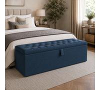 Stratus Interiors Ottoman Storage Box With Chesterfield Tufted Lid, Large Upholstered Blanket Chest For Bedroom & Living Room Storage - Blue Plush