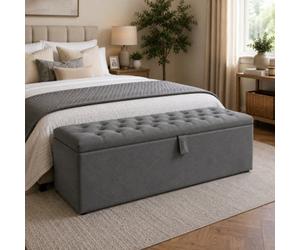 Stratus Interiors Ottoman Storage Box With Chesterfield Tufted Lid, Large Upholstered Blanket Chest For Bedroom, Living Room & Hallway - Grey Plush