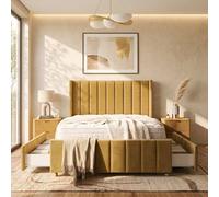 Stratus Interiors Oulton Wingback Divan Bed with Panel Headboard & Storage - 4 Drawer in Yellow | Size: Small Double Stratus Interiors Yellow Small Double