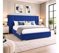 Stratus Interiors Raphael Extra Wide Luxury Upholstered Panel Bed Frame With Modern Paneled Statement Headboard - Gas Lift Storage - Blue - Double