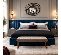 Stratus Interiors Raphael Luxury Extra Wide Panel Bed - Blue - Gas Lift Ottoman Storage - Upholstered Statement Headboard - Super King