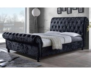 Stratus Interiors Regal Sleigh Bed Frame Grey Plush Velvet - Roll Top Headboard & Footboard - Double Upholstered Bed - Slatted Base
