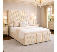 Stratus Interiors Victor Luxury Gold Accent Upholstered Velvet Bed Frame With Slatted Base - Cream - Single 3Ft - Elegant Modern Bedroom Furniture