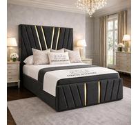 Stratus Interiors Victor Luxury Velvet Upholstered Bed Frame With Tall Statement Headboard - Gas Lift Storage - Gold Metal Accent - Black - King
