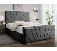 Stratus Interiors Windsor Diagonal Lined Art Deco Velvet Bed Frame With Optional Gas Lift Storage - Grey - Metal Gaslift
