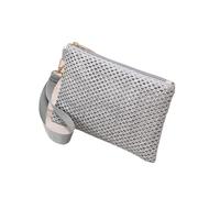Straw Bag 2Pcs Women Clutch Bags Handmade Backpack Fashion Ladies Wristlet Girl Straw Bag Woven Coin Purse Beach Wallet Wrist Strap(Grey)